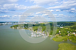 Aerial view of Ruissalo island. Turku. Finland. Nordic natural landscape. Photo made by drone from above