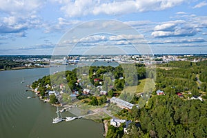 Aerial view of Ruissalo island. Turku. Finland. Nordic natural landscape. Photo made by drone from above