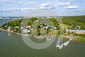 Aerial view of Ruissalo island. Turku. Finland. Nordic natural landscape. Photo made by drone from above