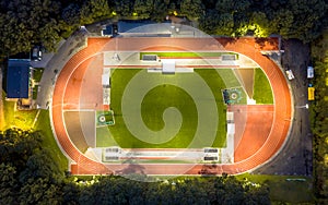 Aerial view of running track at night