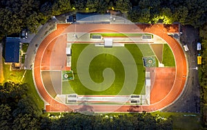 Aerial view of running track at night