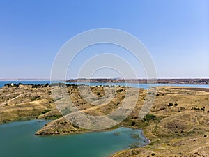 Aerial view of rural and agricultural areas south of Lokman in the province of Adiyaman, Turkey. Inlets on the Euphrates river