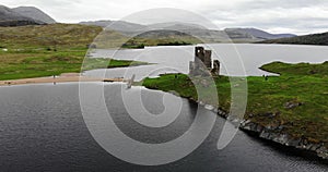 Aerial view of rural areas in the Scottish Highlands near Ardvreck Castle