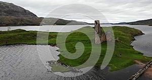 Aerial view of rural areas in the Scottish Highlands near Ardvreck Castle