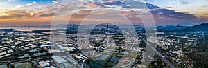 Aerial View of rural green fields in Hong Kong border and skylines in Shenzhen