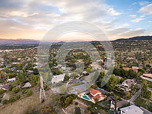 Aerial view of rural houses in a residential area in Encino, CA