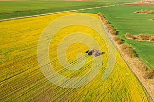 Aerial View Of Rural Landscape. Combine Harvester And Tractor Working Together In Field. Harvesting Of Oilseed In Spring