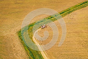 Aerial View Of Rural Landscape. Combine Harvester Working In Field, Collects Seeds. Harvesting Of Wheat In Late Summer