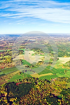 Aerial view of rural landscape under blue sky