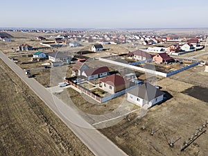 Aerial view of rural residential area with private homes