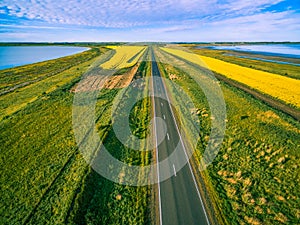 Aerial view of rural road passing through vivid yellow canola fields between two lakes.