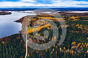 Aerial view of rural road with red car in yellow and orange autumn forest with blue lake