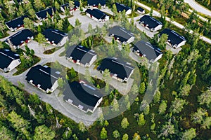 Aerial view of rural village, residential area with cottages in Finland