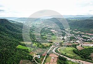 Aerial view of rural villages in the rainy season