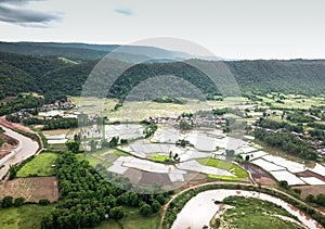 Aerial view of rural villages in the rainy season