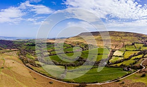 Aerial view of rural Welsh countryside and farms Hay Bluff, Wales/England
