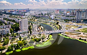 Aerial view of Rusanivka district of Kyiv, Ukraine