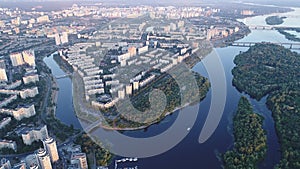 Aerial view of the Rusanovka massif with the Rusanovsky channel in the center, Kyiv, Ukraine