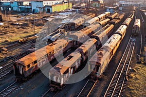 aerial view of rusted trains in abandoned yard