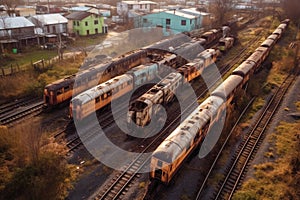 aerial view of rusted trains in abandoned yard