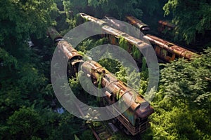 aerial view of rusty derailed train cars in overgrown forest