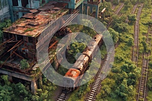 aerial view of rusty trains and overgrown tracks