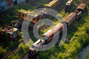 aerial view of rusty trains and overgrown tracks