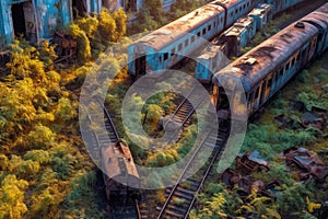 aerial view of rusty trains and overgrown tracks