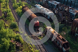 aerial view of rusty trains and overgrown tracks