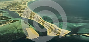 Aerial view Saadiyat Island with Saadiyat Beach at Abu Dhabi coastline photo