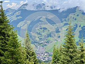 Aerial view on Saalbach village and mountains in Saalbach-Hinterglemm skiing region in Austria on a beautiful summer day