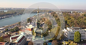 Aerial view of Saborna crkva cathedral and Sava river in Belgrade