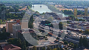Aerial view of the Sacramento city from above. View of the downtown