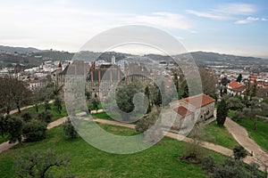 Aerial view of Sacred Hill with Palace of the Dukes of Braganza and Church of Sao Miguel do Castelo - Guimaraes, Portugal