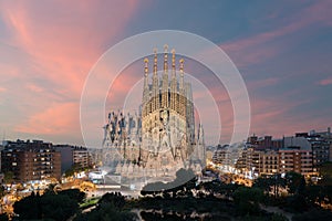 Aerial view of the Sagrada Familia, a large Roman Catholic church in Barcelona, Spain, designed by Catalan architect Antoni Gaudi