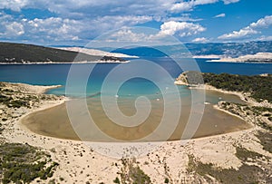 Aerial view of Sahara beach in Rab Island. Beautiful panorama od Sahara Bay on Rab Island. photo