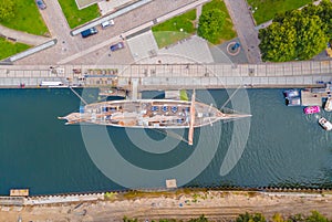 Aerial view of a sail boat called Meridianas in Klaipeda, Lithuania