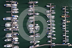 Aerial view of sail boats docked in a Marina in Portimao, Algarve