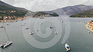 Aerial view of sailboats at bay of Vathy, Ithaca