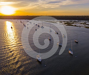 Aerial view of sailboats moored in Beaufort, South Carolina