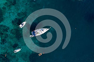 Aerial view of sailing boat on Aegean sea on Greece