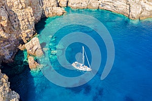 Aerial view of a sailing boat in the Aegean Sea, Greece photo