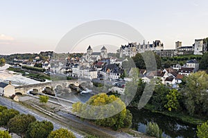 Aerial view of Saint-aignan-sur-cher, old castel and river the Cher, in the loir-et-cher