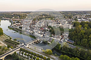 Aerial view of Saint-aignan-sur-cher, old castel and river the Cher, in the loir-et-cher