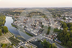 Aerial view of Saint-aignan-sur-cher, old castel and river the Cher, in the loir-et-cher