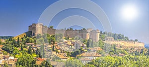 Aerial view of Saint Andre Fort and Benedictine Abbey on mount Andaon in Villeneuve-les-Avignon, France