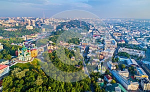 Aerial view of Saint Andrew church and Andriyivskyy Descent, cityscape of Podil. Kiev, Ukraine