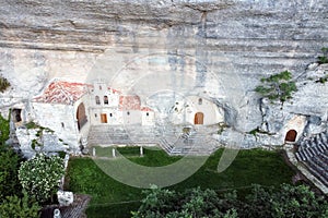 Aerial view of Saint Bernabe Ancient Heremitage in a cave in Ojo Guarena, Burgos, Spain. photo
