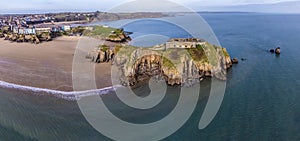 An aerial view of Saint Catherines Island, the Castle Hill and the town of Tenby, Wales