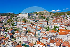 Aerial view of Saint John and Saint Michael fortresses in Sibenik, Croatia